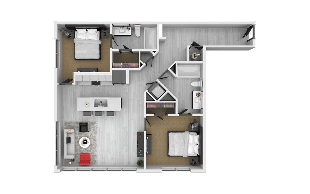 B4 - 2 bedroom floorplan layout with 2 bathrooms and 1195 square feet