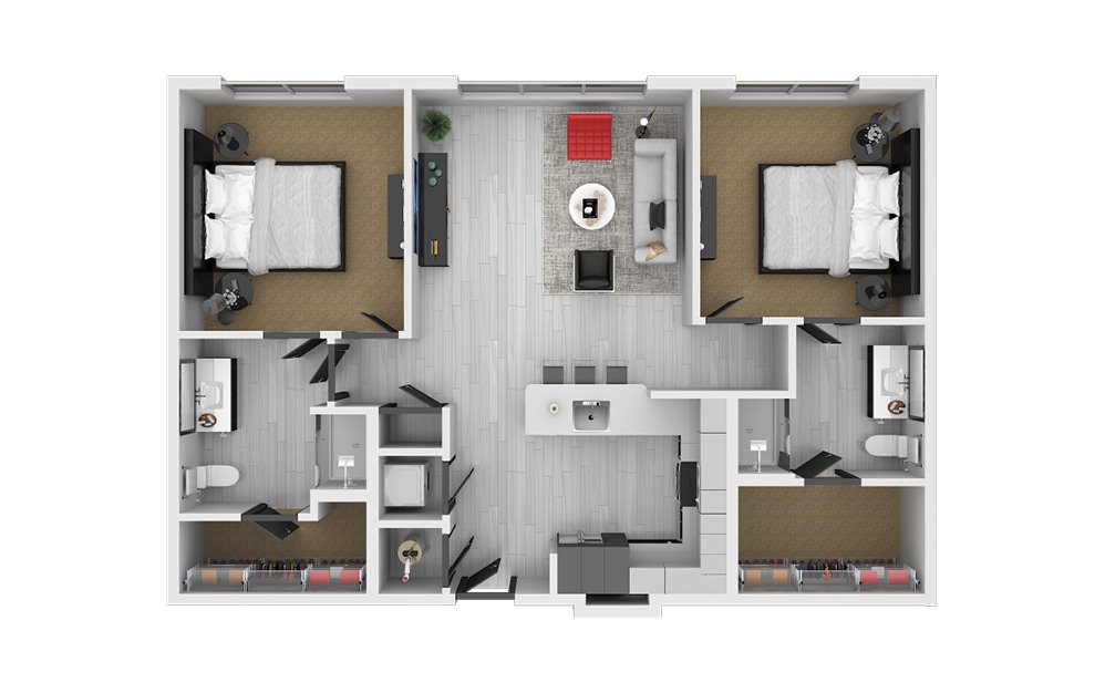 B2 - 2 bedroom floorplan layout with 2 baths and 1123 square feet.