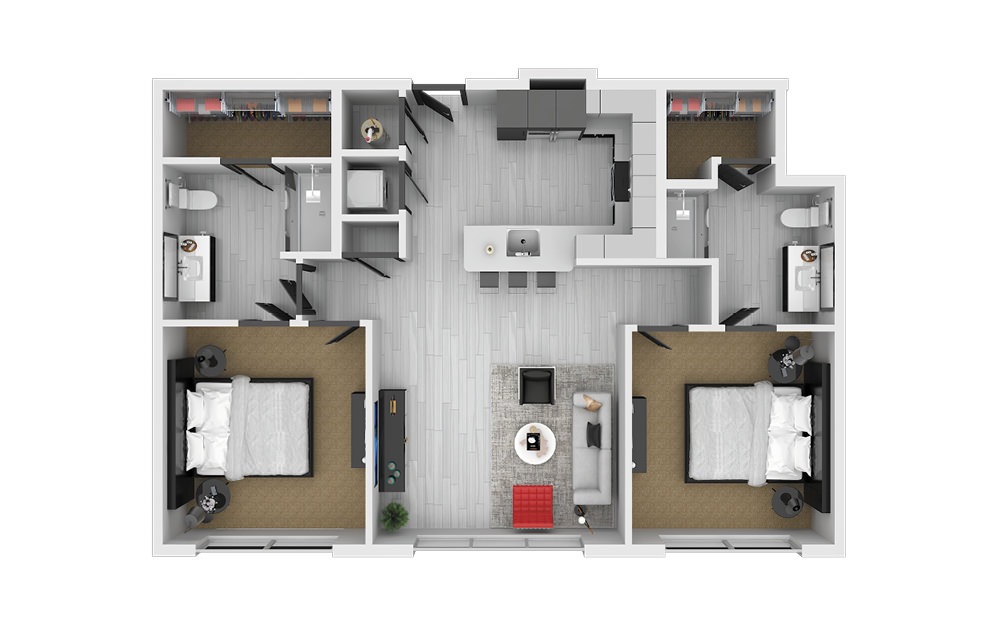 B1 - 2 bedroom floorplan layout with 2 baths and 1102 square feet.