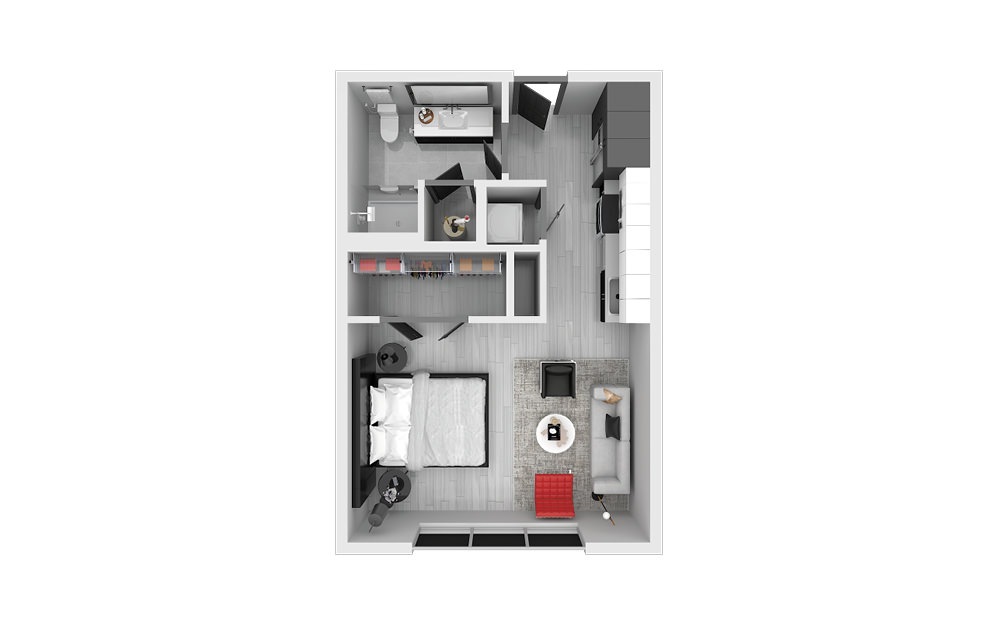 S1 - Studio floorplan layout with 1 bath and 516 square feet.