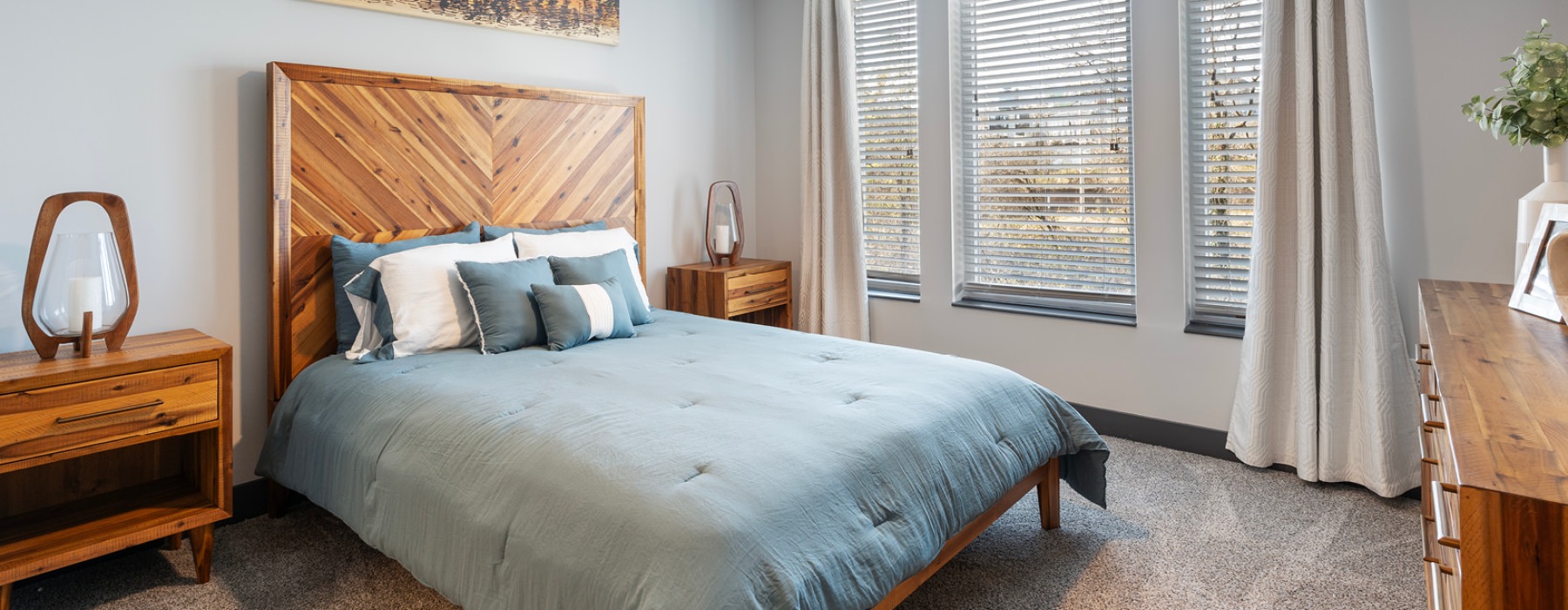 Bedroom with natural lighting and high ceilings
