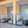 a room with bench seating