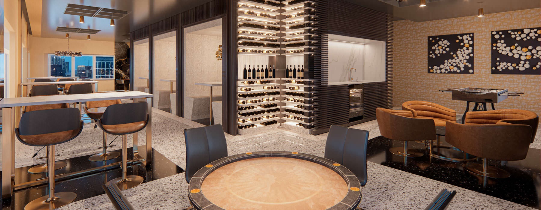 poker table and wine shelves in luxurious clubhouse lounge 